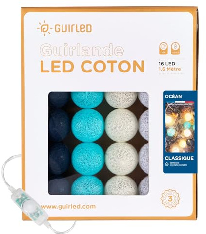 GuirLED - LED Baumwollkugeln Lichterkette USB - Baby Nachtlicht 2h - Dual USB 2A Netzteil enthalten - 3 Intensitäten - 16 Kugeln 1.6m - Océan
