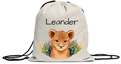 LOOXIS Personalisierter Turnbeutel für Kinder mit Namen & Motiv bedruckt – Kordelzug, Leinenhaptik – Geschenkidee Jungen, Mädchen, Einschulung, Sport, Spielzeugsack, Wechselkleidung – Löwe