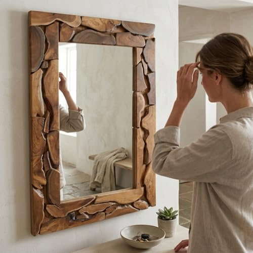 Kinaree Teak Altholz Spiegel Massivholz – Wandspiegel HAI Phong Holzrahmen Vintage Design – Rechteckiger Dekospiegel Naturholz für Wohnzimmer Flur Bad