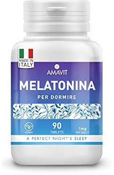 AMAVIT Melatonina per Sonno 1mg 90 Compresse [Fornitura per 3 Mesi] MADE IN ITALY Integratore Alimentare con Melatonina Adenosina Glicina | Alternativa ai sonniferi | Senza glutine e lattosio