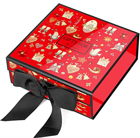 JiaWei Geschenkbox 24 x 24 x 9,5 cm Klein, Geschenkkarton mit Magnetisch Deckel und Schleife mit Grußkarten - Rot