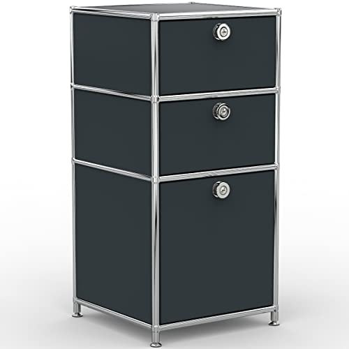SYSTEM8X Bürocontainer 40cm mit 2 Schubladen und 1 Hängeregistratur aus Metall Chrom in Anthrazitgrau auf Stellfüßen - Für Büro und Home-Office