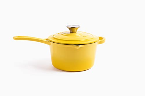 Larder & Vine Enameled Cast Iron Saucepan | 2.2 qt Sauce Pan with Lid | Saucepan with Pour Spouts | Enameled Cast Iron Pot Compatible on All Cooktops & Oven Safe to 500° F | Limoncello