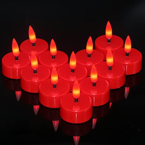 Ymenow LED Teelichter mit Timer, 12 Stück Elektrische Kerzen Rot Lange Brenndauer LED Kerzen mit Timerfunktion 3D Flackernde Flamme für Halloween Weihnachten Schlafzimmer Zimmer Hochzeit Deko - Rot