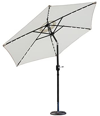 Green Bay 2.5M Garden Parasol Umbrella Solar Powered LED Lights Tilting Crank & Handle Parasols with Parasol Base - Cream