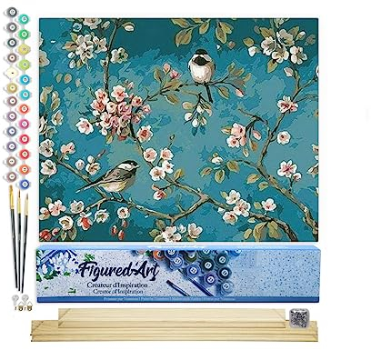 Figured'Art Peinture par Numéro Adulte Fleurs et Oiseaux 2 - Activité Manuelle Kit de Loisir Créatif DIY Numéro d'Art Complet - 40x50cm avec châssis en bois à monter