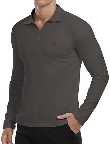 KUYIGO Men's Zip Polo Shirt Long Sleeve Sports Shirts Tennis Golf Basic T-Shirt M Dark Grey