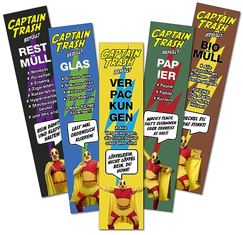 Mülltonnen Sticker zur besseren Mülltrennung - Captain Trash - Aufkleber für Mülltonnen - Set 5 Sticker: Biomüll + Glas + Papier + Restmüll + Verpackung