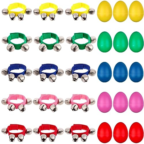 30 Pcs Shakers Musical Instrument Set Plastic Egg Shaker Wrist Hand Bells for Kids Adjustable Wrist Tambourines Shaker Musical Instruments for School and Music Class Party