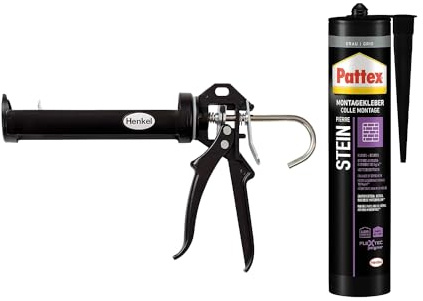 Pattex Montagekleber Stein, für Naturstein und Stein(-werkstoffe), starker elastischer Steinkleber für innen und außen, Grau (1x420g) & Pattex Profi Metall Kartuschenpistole