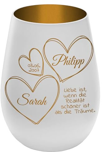 Windlicht mit Gravur ''In Liebe vereint'' - Weiß/Gold - Glas Teelichthalter personalisierbar mit Wunschtext - Geschenk zu Valentinstag Hochzeit Verlobung Jahrestag