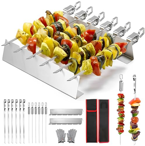 LQCOZYM Schaschlikspieße aus Edelstahl – 6×35 cm & 6×41 cm Grillspieße + 2 Standgrills, mit Handschuhen & Nylontasche – Wiederverwendbares BBQ Set für Fleisch & Gemüse (18 Stück)