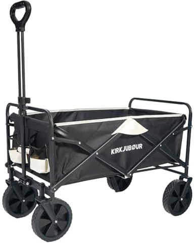 Kirkjubøur® Faltbarer Bollerwagen 90 x 52 x 55 cm, Handwagen für bequem Transport mit 100 Liter Volumen, belastbar bis 110 kg und 360° drehbaren Vorderreifen (Schwarz)