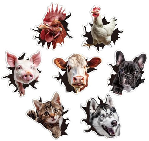 SUPERFINDINGS 7 Stile 3D Tier Autoaufkleber Hund Fahrzeugaufkleber Schwein Stoßstangenaufkleber Katze Realistische Autoaufkleber Lustige Kuh Huhn Selbstklebende Aufkleber Für Auto Motorrad Computer