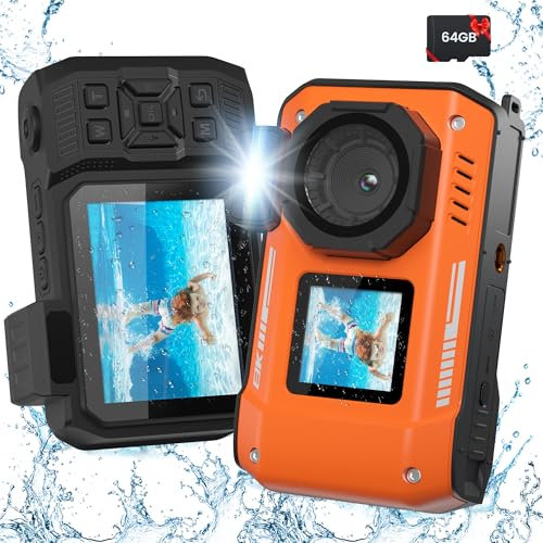 KitkidKind 8K 70MP Digital Camera with 64G Card, 33FT Underwater Camera, Waterproof, Dustproof, Shockproof, Snorkeling, 18X Zoom, Autofocus, Selfie, Dual-Screen, Orange