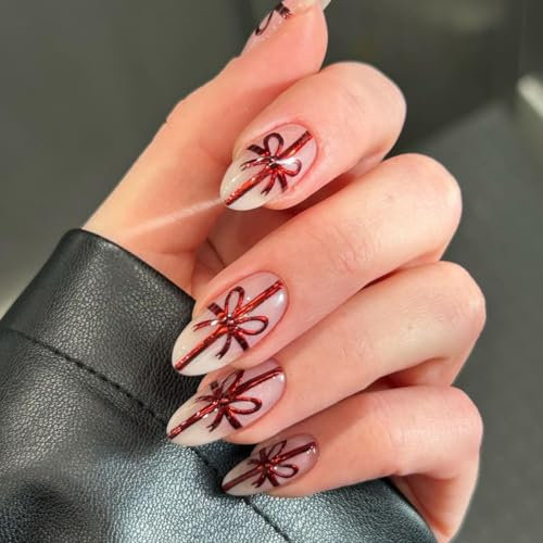 24pcs Christmas Press On Nails - Medium Almond Pink Ombre With Red Gift Bow - Glue On Acrylic Full Nail Tips for Xmas Holiday Art Accessories