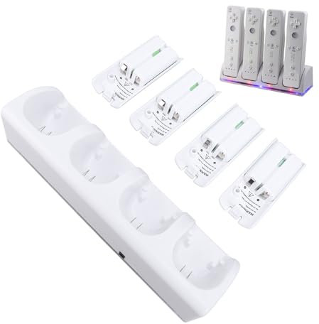 Station de Charge 4 en 1 pour Télécommande Wii, Station de Chargement avec 4 Batteries Rechargeables de 2800 MAh et Câble USB (White)