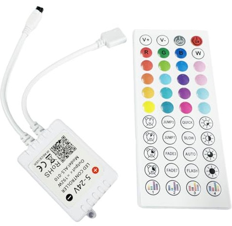 ShineBurky Bluetooth Led Strip Controller, LED Fernbedienung, 4 Pin DC 5-24V WIFI RGB Controller mit 44 Tasten IR Fernbedienung, Musiksynchronisierter, Intelligenter APP, für LED Band, Weiß