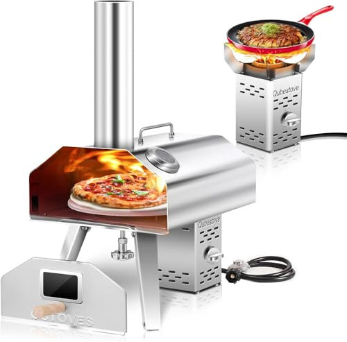 Q-Stoves - Forno per pizza da esterno 2 in 1 da 30,5 cm, con pietra rotante manuale, portatile, parte superiore rimovibile come torcia per stufa o stufa (30,5 cm + gas)