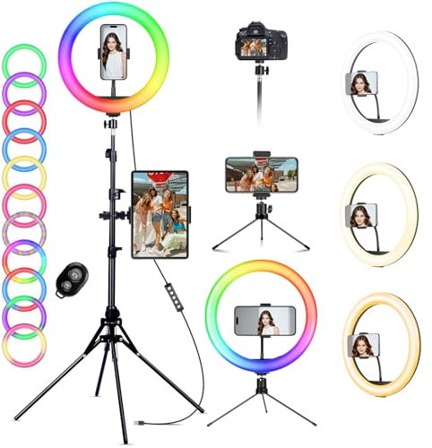 KOSCHEAL 12'' LED Ring Light with Tripod Stand & Phone Holder Tall 70'', Ringlight with Remote, Dimmable White/RGB Mode, Selfie Circle light for Phone Camera Filming Makeup Streaming Zoom Meeting