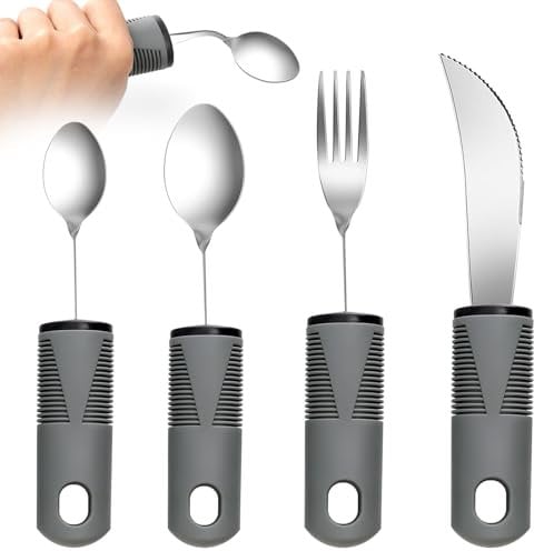 Extra Wide Handles Easy Grip Cutlery Set of 4 Disability Aids,Bendable Design with Chunky Comfort Grips,Ideal Dining Aid for Elderly, Disabled, Arthritis, Parkinson's Disease & Tremors Sufferers