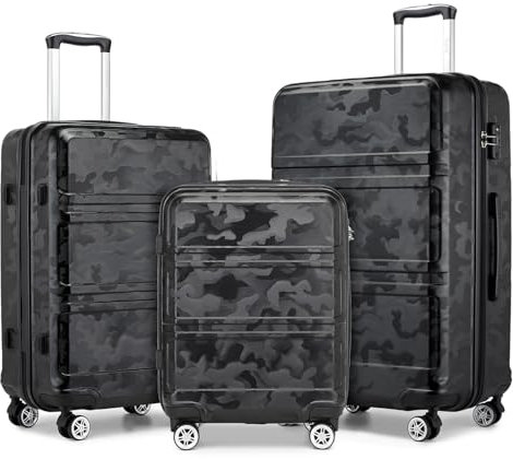 Kono Set de 3 Valises Rigide Bagage Cabine + Valise Moyenne 65cm + Valise Grande 74cm avec 4 roulettes et Serrure TSA, Noir/Camouflage