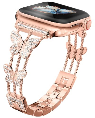 MaEiol Metall Armband für Apple Watch 49mm /45mm /44mm /42mm /46m(Series 11/10), Ersatzarmband Schmetterling Glitzer Strass Kristall Damen für iWatch Ultra/SE/Series 11 10 9 8 7 6 5 4 3 2 1, Roségold