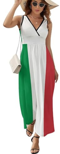 GONMFKM Abiti Lunghi da Donna Casual Taglie Forti Basic Senza Maniche con Stampa Geometrica della Bandiera Italiana Lunghi Maxi Canotta Estivi da Spiaggia Abito A Trapezio Scollo A V