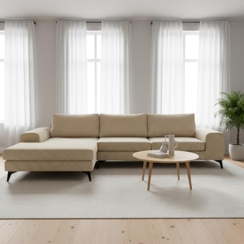 Abakus Direct | Venice Corner Sofa – Modern L-Shaped Sofa with Basket Weave Fabric, Scatter Back Cushions, Left or Right Hand Facing – Available in 9 Colours (Cream, Left Hand Facing)