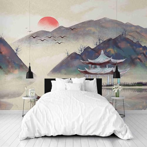 Orientalische Palast Vliestapete Flur Tintenmalerei See Wandtapete Badezimmer Wasserfest Landschaftsmalerei Berg Fototapete Wanddeko Schlafzimmer Wohnzimmer Kinderzimmer Wandbild 200x140 cm
