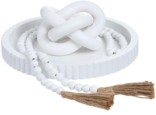 Novabright 3 Pcs White Farmhouse Decorative Tray Set for Coffee Table Wooden Round Tray, Bead Garland with Tassels, Wood Knot Chain Link Decor for Table Entryway Living Room and Kitchen