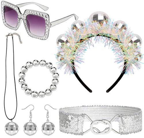 SummitEdge 7PCS Discokugel Kostüm Damen, 70er Jahre Outfit Damen, Discokugel Haarreif, Sonnenbrille, Pailletten Gürtel Disco Outfit Hippie Accessoires für Karneval New Year