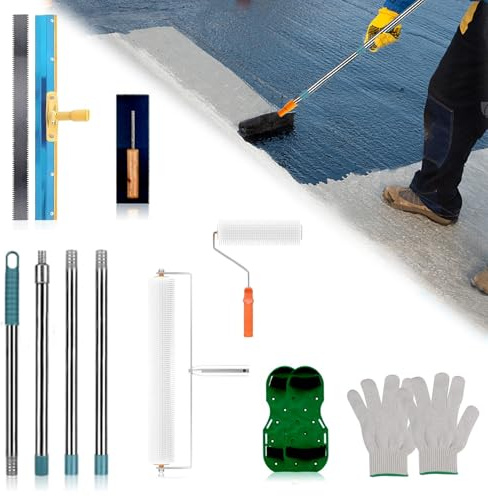 Bodenbeschichtung Set, Epoxidharz Bodenbeschichtung Tool Set mit 50CM Stachelwalze 30 mm Nagelschuhe, Farbroller,5mm Schaber, Zahnkelle, Spikeschuhe,4-Teilige Stange, Handschuhe für Boden