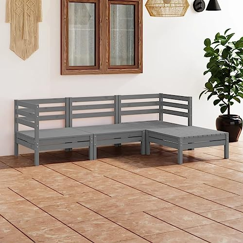 Yunovire 4-TLG. Garten-Lounge-Set Massivholz Kiefer Grau, Outdoor Sofa Garnitur für Terrasse, Balkon, Veranda, wetterfestes Patio Möbel Set für Garten, Konversation