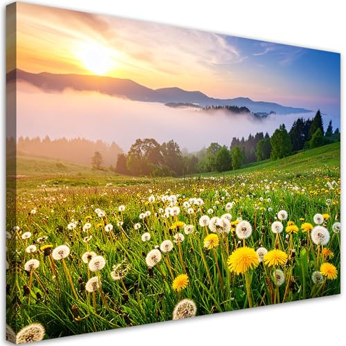 Feeby Wandbilder - Bilder Schlafzimmer - Wiese Löwenzahn Berglandschaft - 120x80 1tlg - Wohnzimmer Bild Groß - Wohnungs - Foto Geschenk - Leinwand Wall Art - Wand Deko