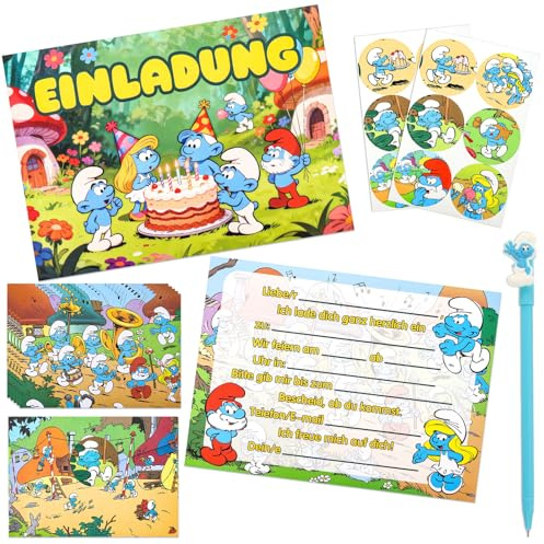 Wirhaut 12 Stück Einladungskarten Kindergeburtstag Mädchen Junge, Geburtstag Party Einladungskarten+12 Umschläge+12 Aufkleber+1 Stift, Smurfs Kindergeburtstag Einladungen für Geburtstagsfeiern Party