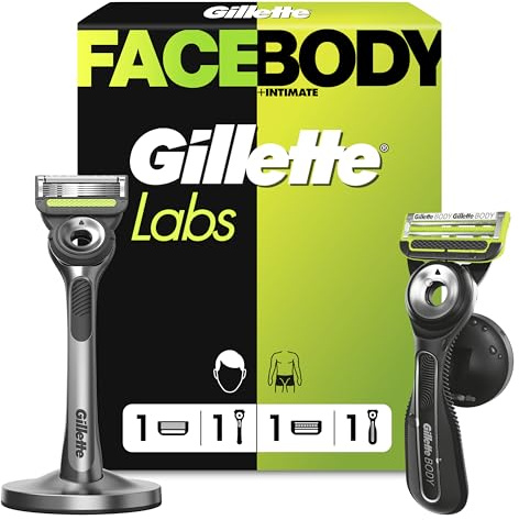 Gillette Labs Rasierer Herren für Gesichts, Körper, Duo Pack, Schwarz/Grün | Inkl. 1 Handstück, Dock Und 1 Rasierklingen Plus GilletteLabs Body + Intimate Rasierer mit Duschhalterung Und 1 Rasierklinge