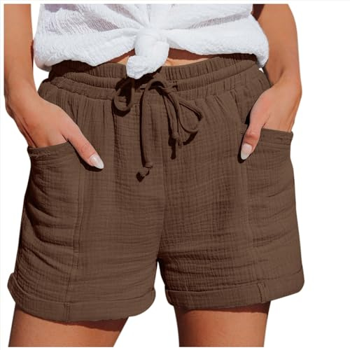 Generico Pantaloni Corti Donna in Lino Rosa Antico Vita Elastica Tasche Laterali Leggeri Traspiranti per Mare