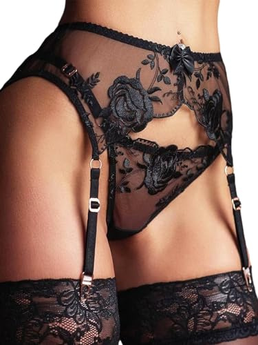 MIZSPISE Porte Jarretelle Dentelle Sexy Tenue Transparente Ensemble Bas Porte Jaretelles String Fleurs Elegant avec 4 Clips Réglables Club Soiree Anniversaire Fete Noel Noir Blanc Rouge Violet