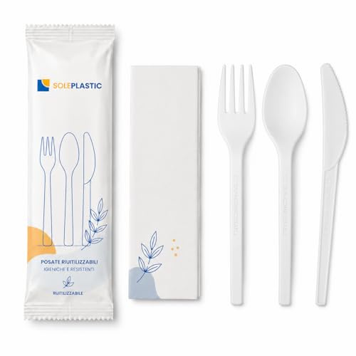 100 Posate Da Viaggio TRIS IMBUSTATE SINGOLARMENTE - Coltello,Forchetta,Cucchiaio e Tovagliolo RIUTILIZZABILI da 16 cm Bianco - RESISTENTI per Cibi Caldi Fino a 70° - Set Posate per ogni Occasione