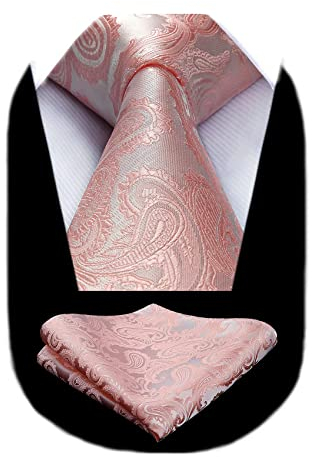 HISDERN Herren Krawatte Rosa Paisley Krawatte mit Einstecktuch Set Hochzeit Blumen Jacquard Krawatten Taschentuch Einfarbig