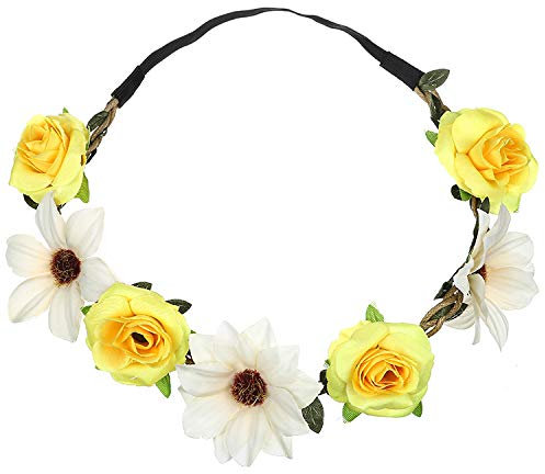 Women Girl Sunflower Rose Flower Crown Wedding Festival Headband Hairband Hair Garland(Yellow)