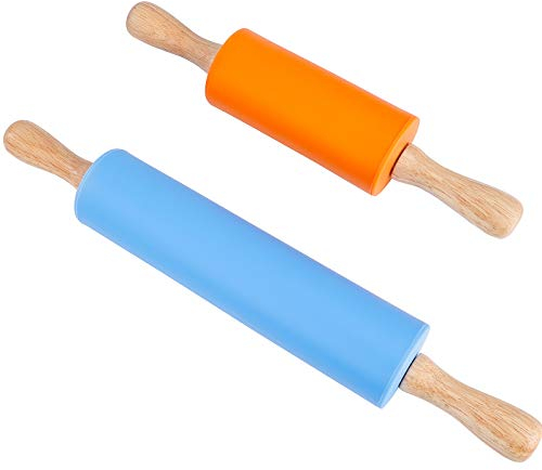 Rodillo de Silicona Antiadherente Silicona Mango de Madera Rodillo para Pasta, Pastelería, Tarta Corteza, Pizza, Pasteles de Masa 2 Piezas (Azul y Naranja)