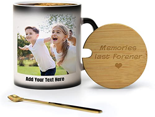 Personalised Heat Changing Mug with Lid and Spoon 10oz, Wood Cover Engraved Name, Heart Handle Photo Cup - Gift for Birthday Christmas