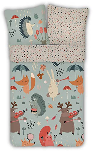 ESPiCO Bettwäsche Trendy Bedding Waldtiere Bunt Kinder Igel Eichhörnchen Elch Hase Fuchs Musik Instrumente, Größe:135 cm x 200 cm