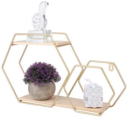 Tomotato Wandmontierte No Punch Regale, Hängendes Schwebende Lagerregal Display Lagerregal mit 2 Sechseckigen Regalen für House Heimbüro Dekoration(Gold)