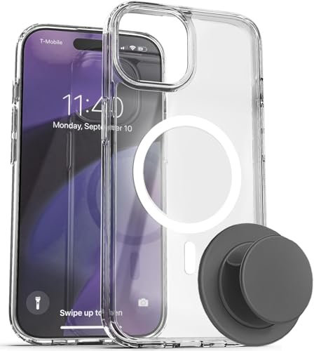 ENCASED Clear Case for iPhone 15 Pro Max with Removable Magnetic Grip - Flat Collapsible Phone Holder (Compatible with MagSafe)
