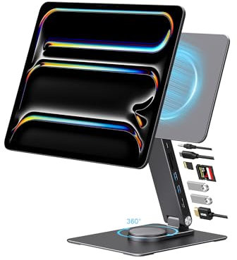 GEWOKLIY Soporte magnético para iPad Pro de 13 pulgadas (M4) 2024, soporte plegable para iPad Pro M4 con rotación de 360°, HDMI 4K, lectores de tarjetas, USB 3.0 5Gbps, 100 W PD, audio de 3.5 mm