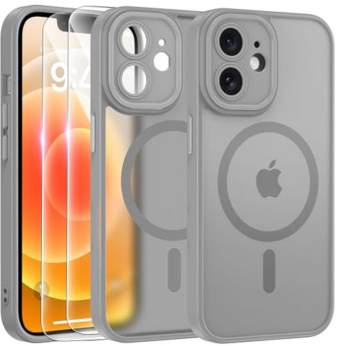 FLLAO Funda para iPhone 12, Compatible MagSafe, con 2 Piezas Protector de Pantalla Cristal Templado, [Protección de Cámara] Magnética Carcasa Translúcida Mate Trasera Fina Antigolpes, Gris