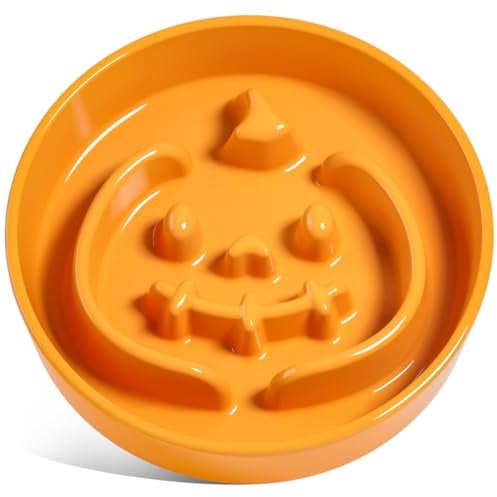 LE TAUCI Ceramic Puzzle Feeder Bowl Raised 1.5 Cup with Wood Stand for Small Medium Dog & Puppy, Fast Eating Food Dish Pumpkin Orange